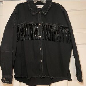 Zara Black Jean Jacket with Fringe and Studs